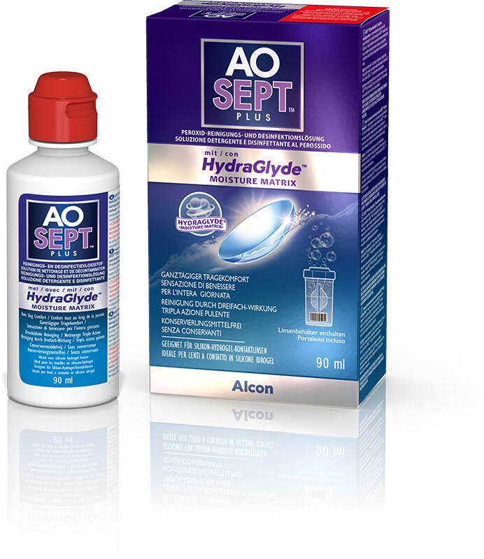 Front, Aosept Plus Hydraglyde 90ml Peroxid Reisepack 90ml
