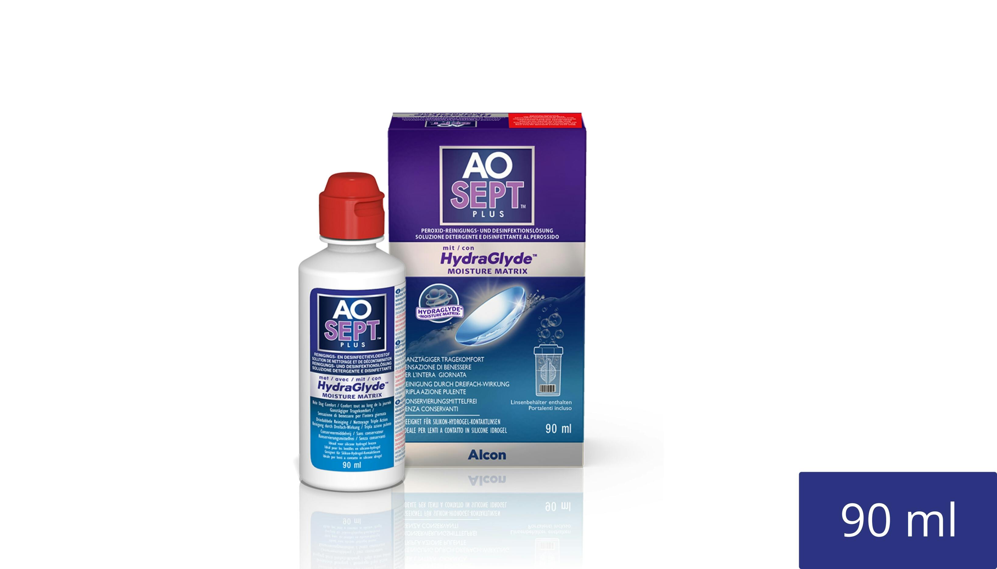 Front, Aosept Plus Hydraglyde 90ml Peroxid Reisepack 90ml